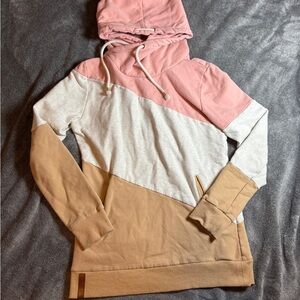 Ampersand Ave day by day color block high neckline hoodie SM- Pink, Cream, Tan